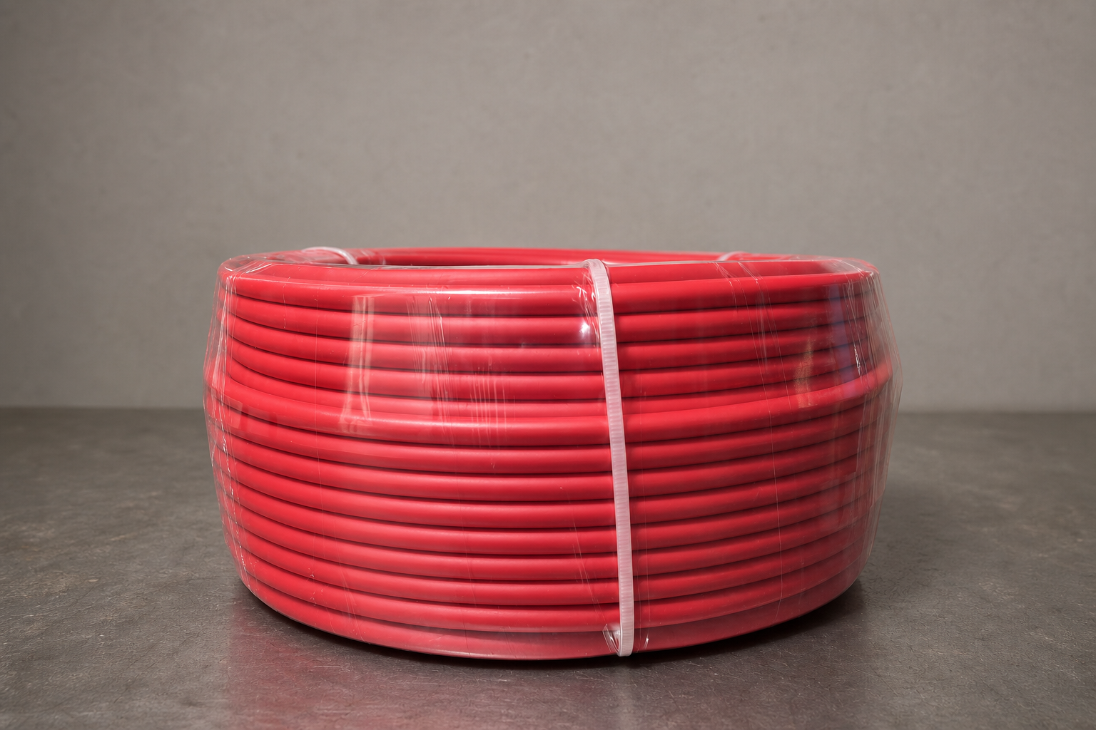 HOLID red FRPU pneumatic tube in a full production coil on a warm gray studio background