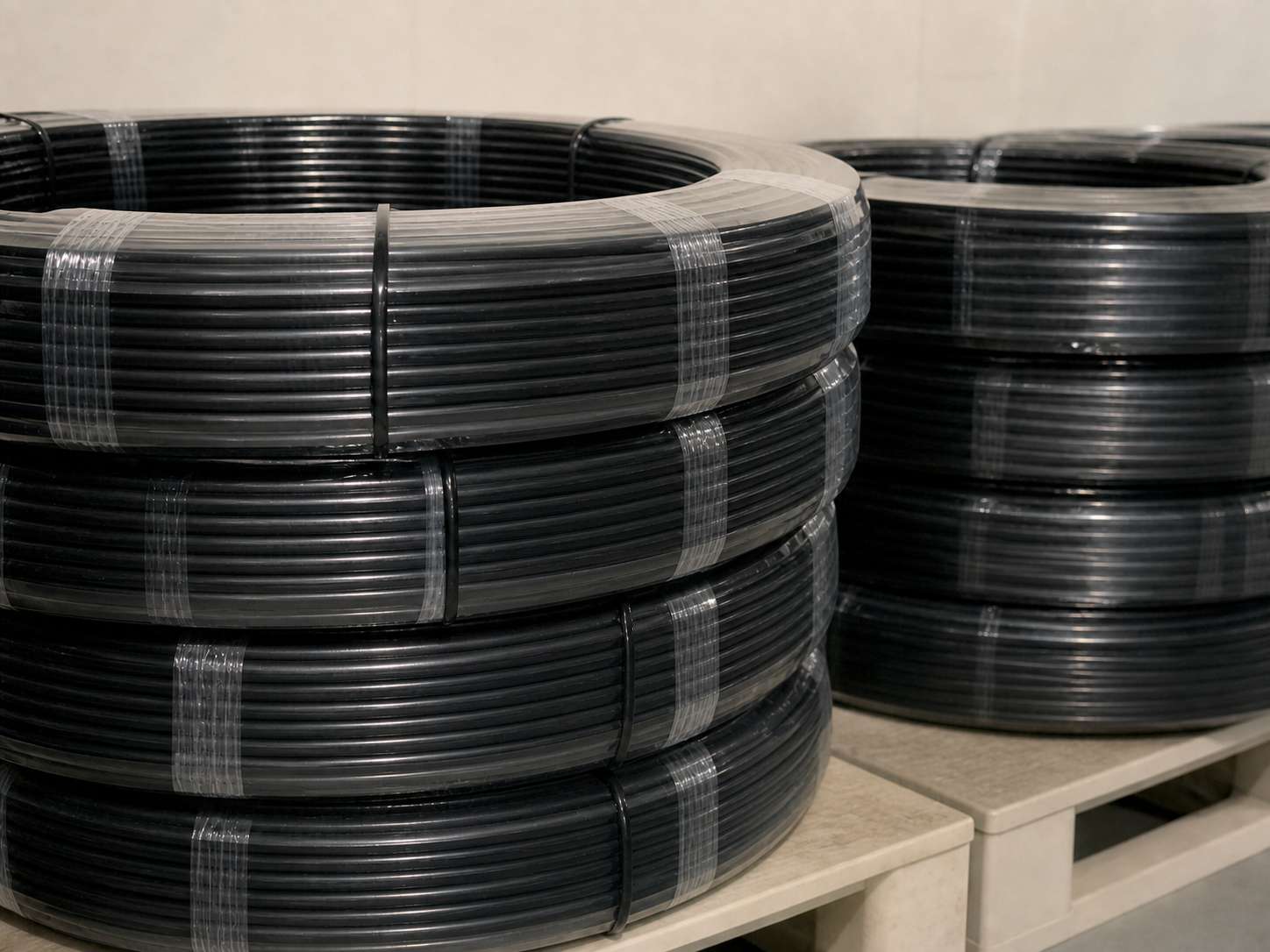 Organized wrapped black PA6 nylon tube coils based on HOLID factory footage