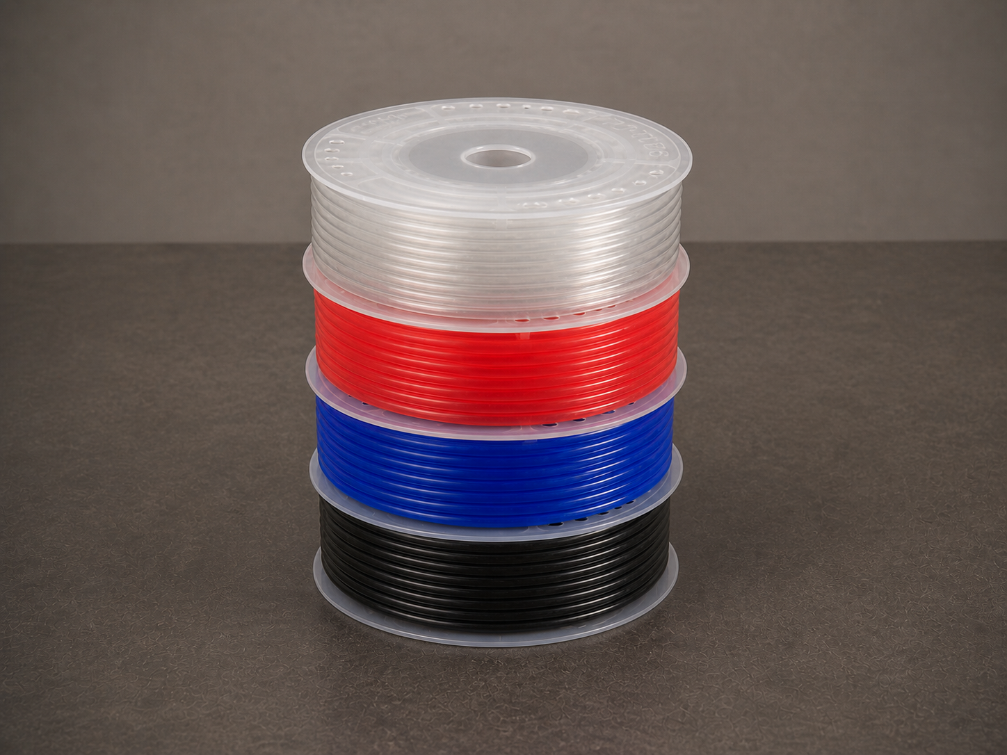 Four complete HOLID standard PU pneumatic tube reels stacked vertically in clear, red, blue and black